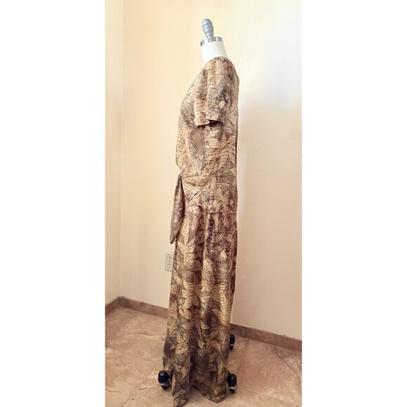 Due Per Due Silk 2 Piece Set Leaf Print Blouse Skirt Brown Beige Size 8 - Picture 7 of 8
